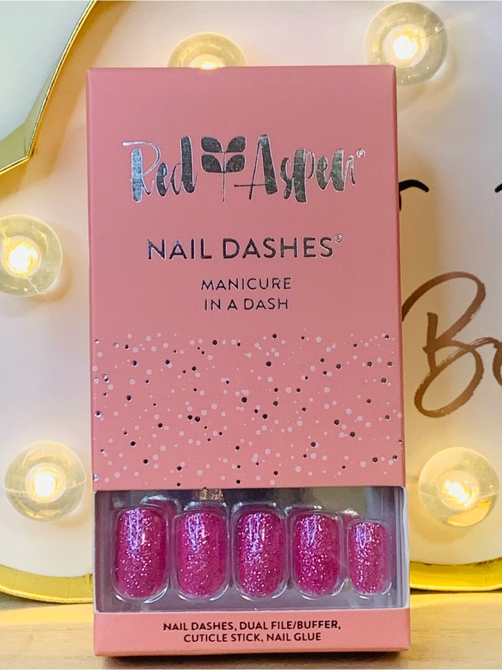 Red Aspen Pink Glitter Nail Dashes — Ready-to-Wear Press-On Manicure